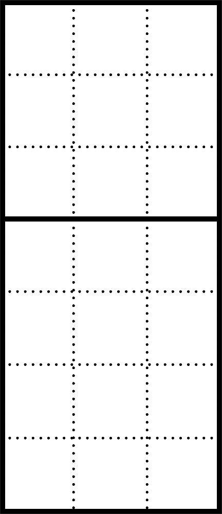 „A4-Papier in zwei A5-Blätter unterteilt, jeweils mit einem 4x4-Punktraster.