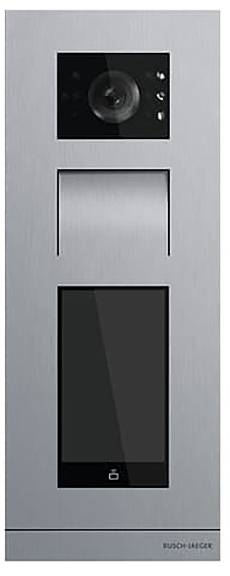 Ein schlankes, silbernes Gegensprechanlagesystem mit Kamera und Bildschirm, Marke „Busch Jaeger