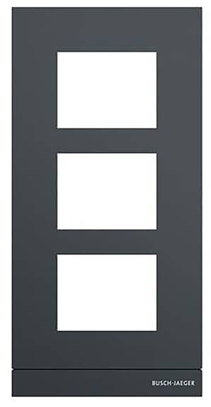 Eine schwarze rechteckige Lichtschalter-Blende mit drei Öffnungen und dem Markennamen „Busch-Jaeger