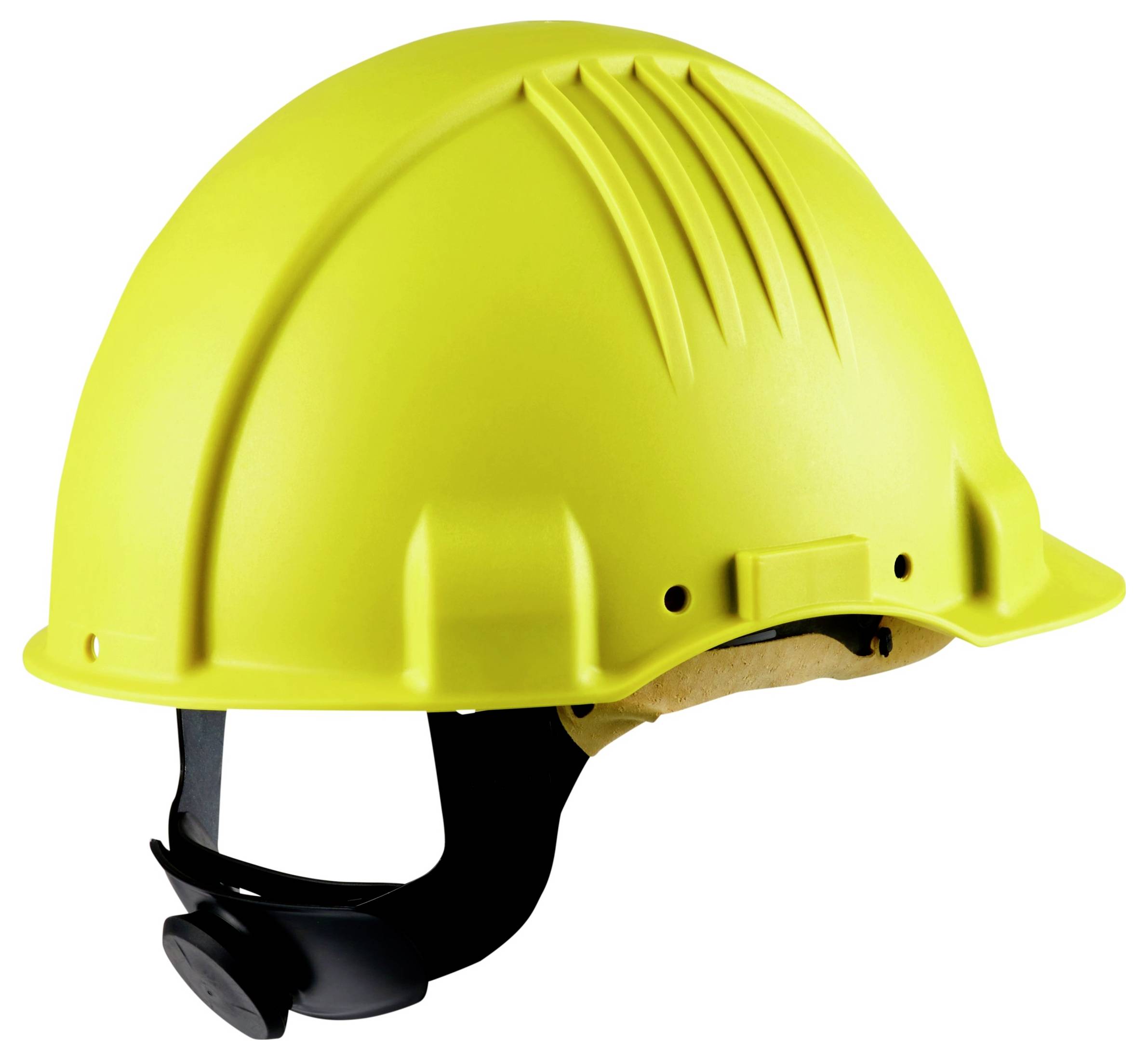 Ein leuchtend gelber Schutzhelm für den Baustellen mit schwarzem verstellbarem Riemen, mit einer Reihe von Rippen auf der Oberseite für zusätzliche Stabilität.