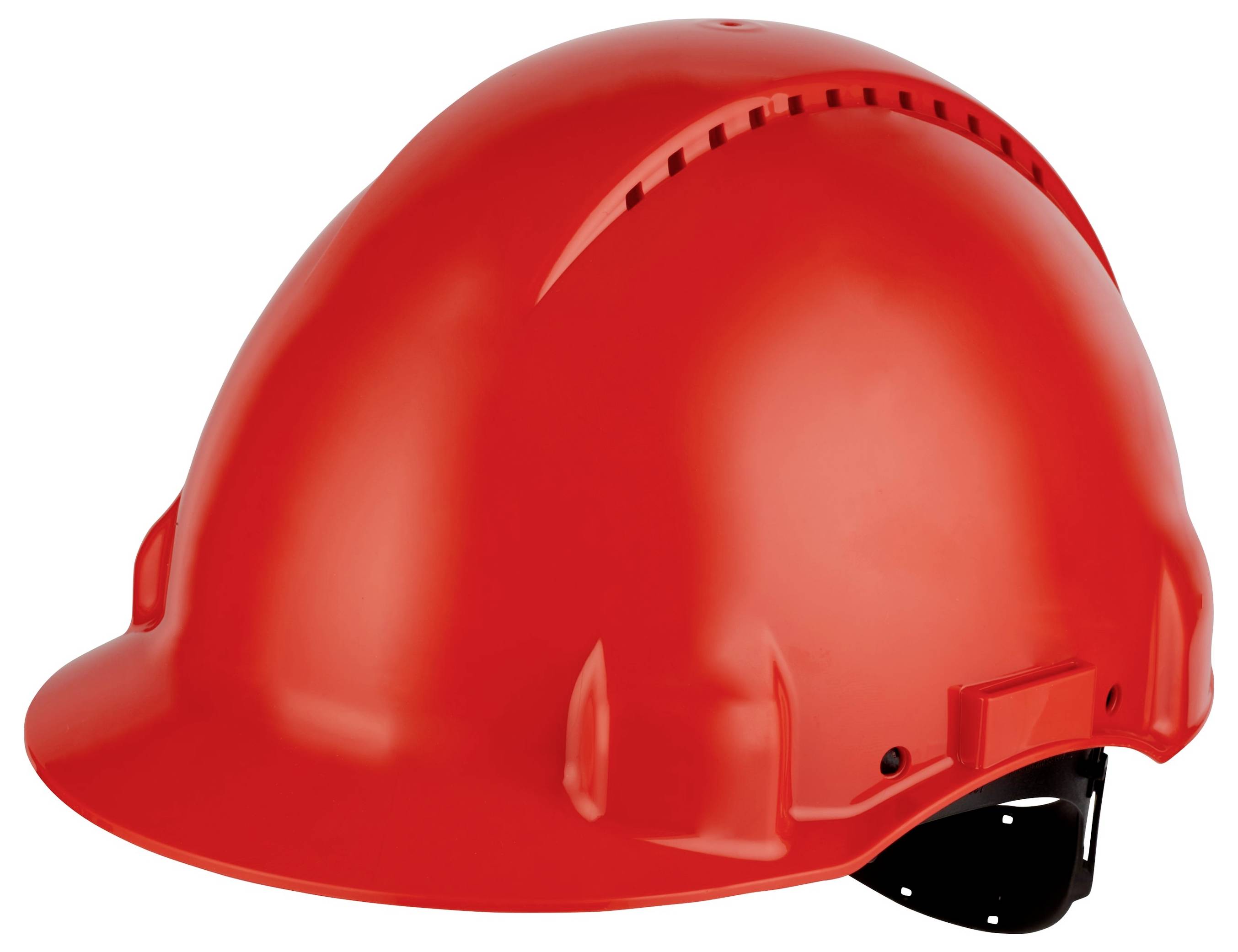 Ein roter Bauhelm in Seitenansicht, der seine Schutzfunktionen und glänzende Oberfläche hervorhebt.