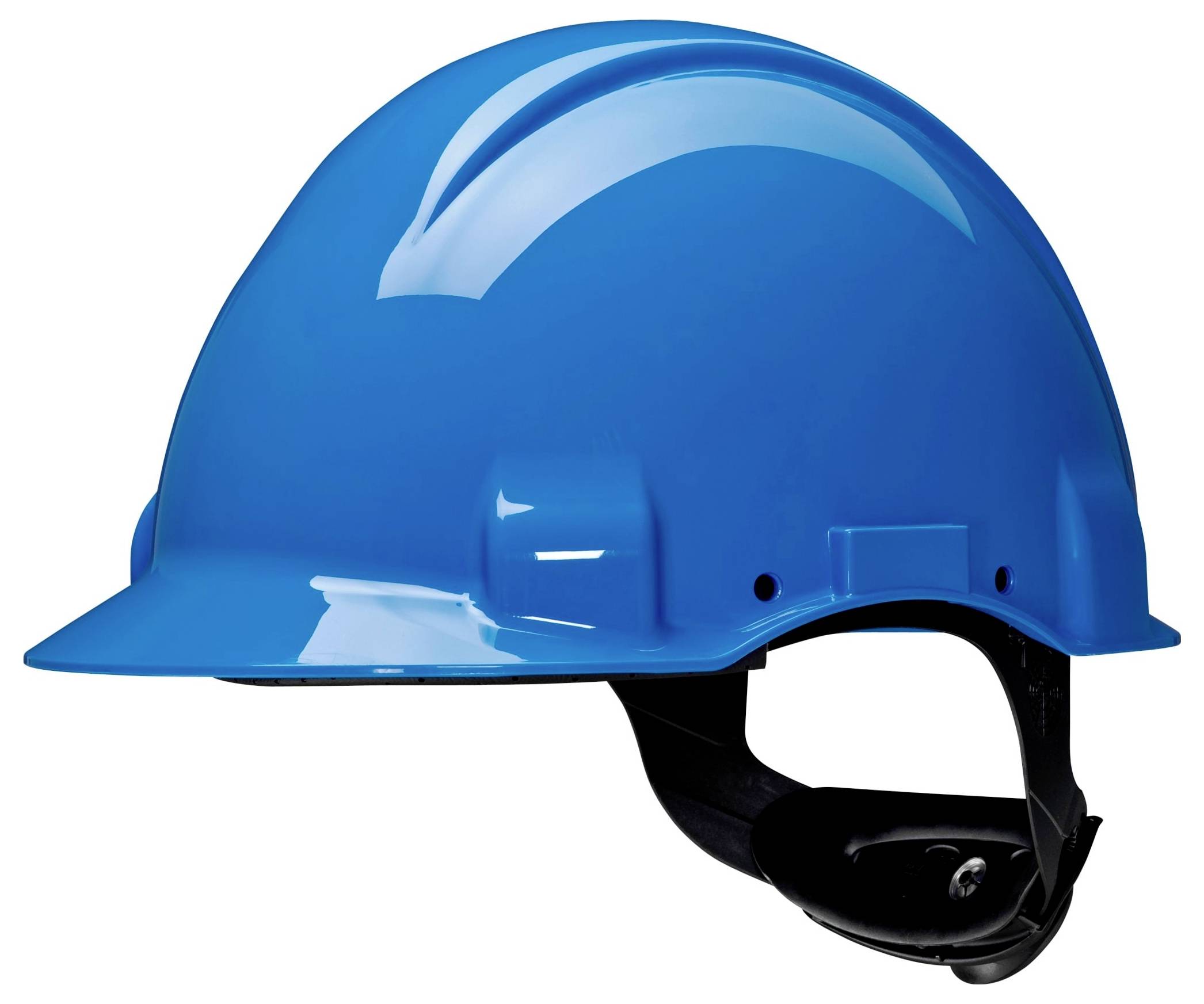 Bild eines blauen Schutzhelms für Baustellen, nach links ausgerichtet mit sichtbarem Kinnriemen, symbolisiert die Sicherheit auf einer Baustelle.