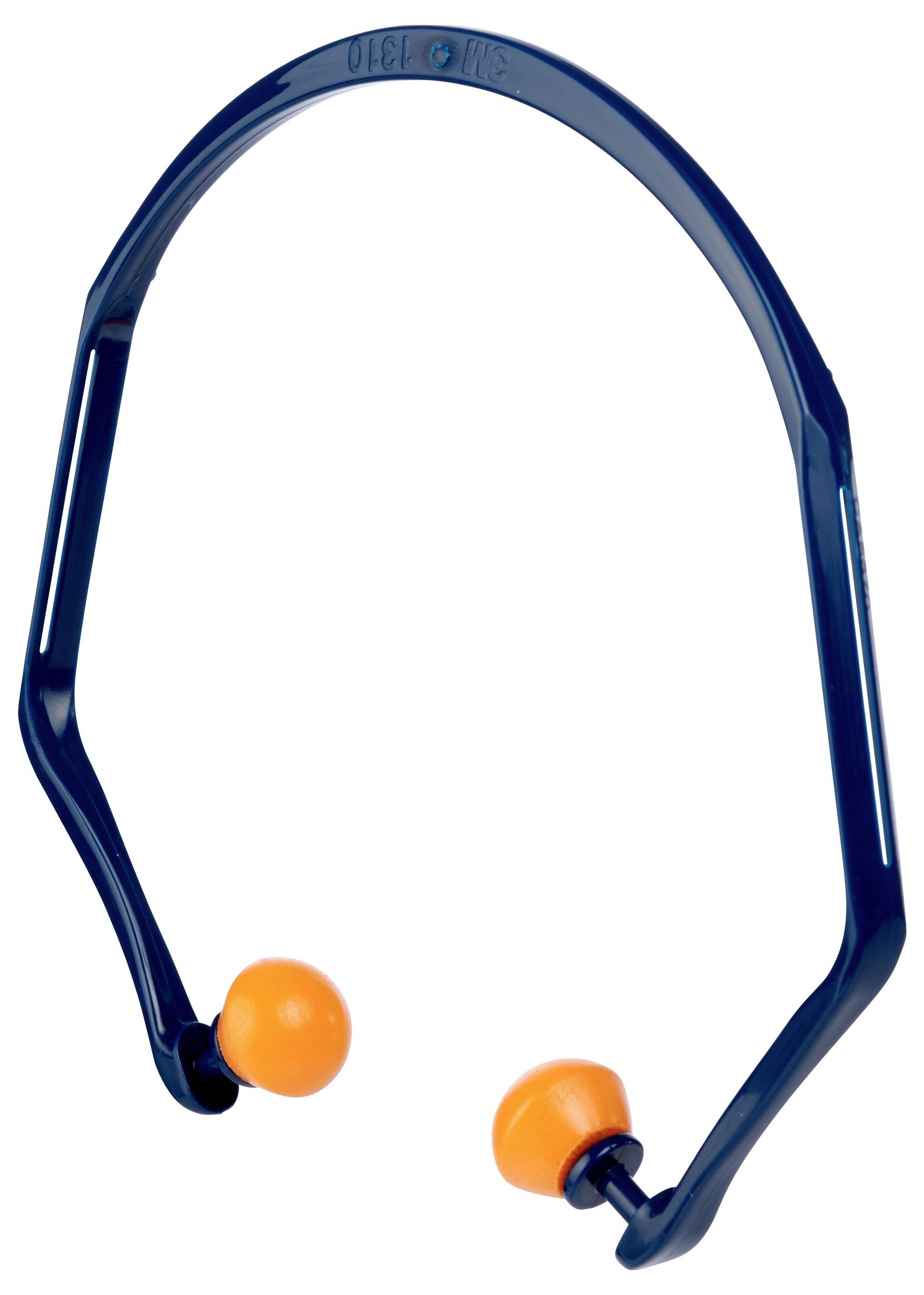 Dunkelblau Stirnband mit angebrachten orange Ohrstöpseln zur Lärmminderung.