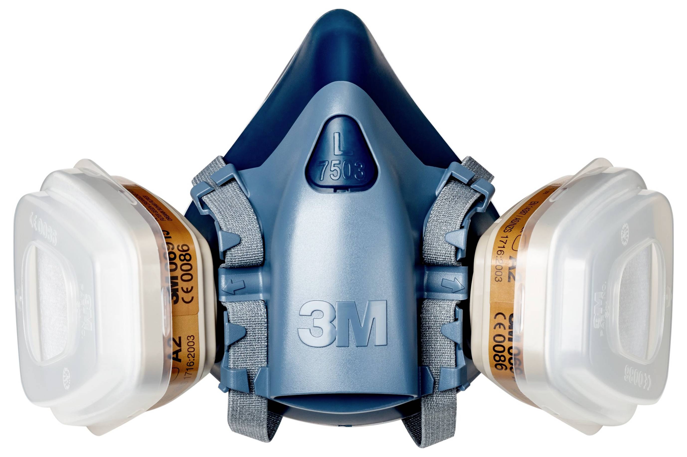 Eine Atemschutzmaske mit zwei verstellbaren Filtern auf jeder Seite, mit „3M