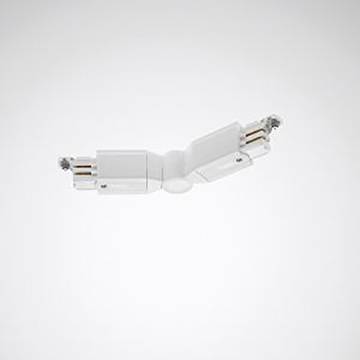 Ein weißer, verstellbarer Schienenlicht-Stecker mit Scharnieren auf einem schlichten Hintergrund, entwickelt zum Verbinden von Lichtschienenverbindungen in verschiedenen Winkeln.
