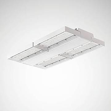 Rechteckige Deckenleuchte mit zwei Sätzen parallel angeordneter Leuchtstoffröhren und Schutzgitter.