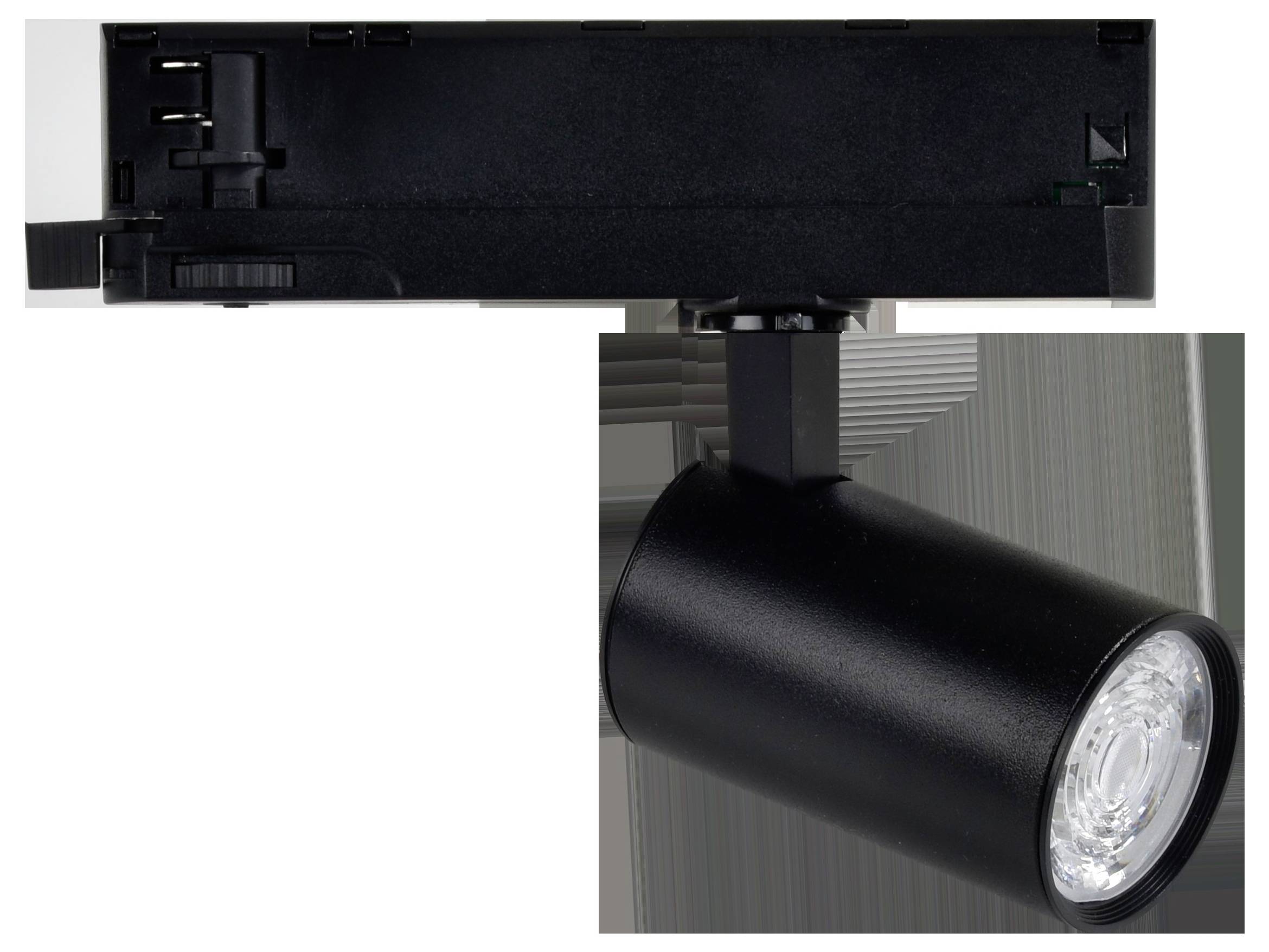 Schwarz montierter Deckenspot mit zylindrischer LED-Birne, Seitenansicht, geeignet für Richtungsbeleuchtung.