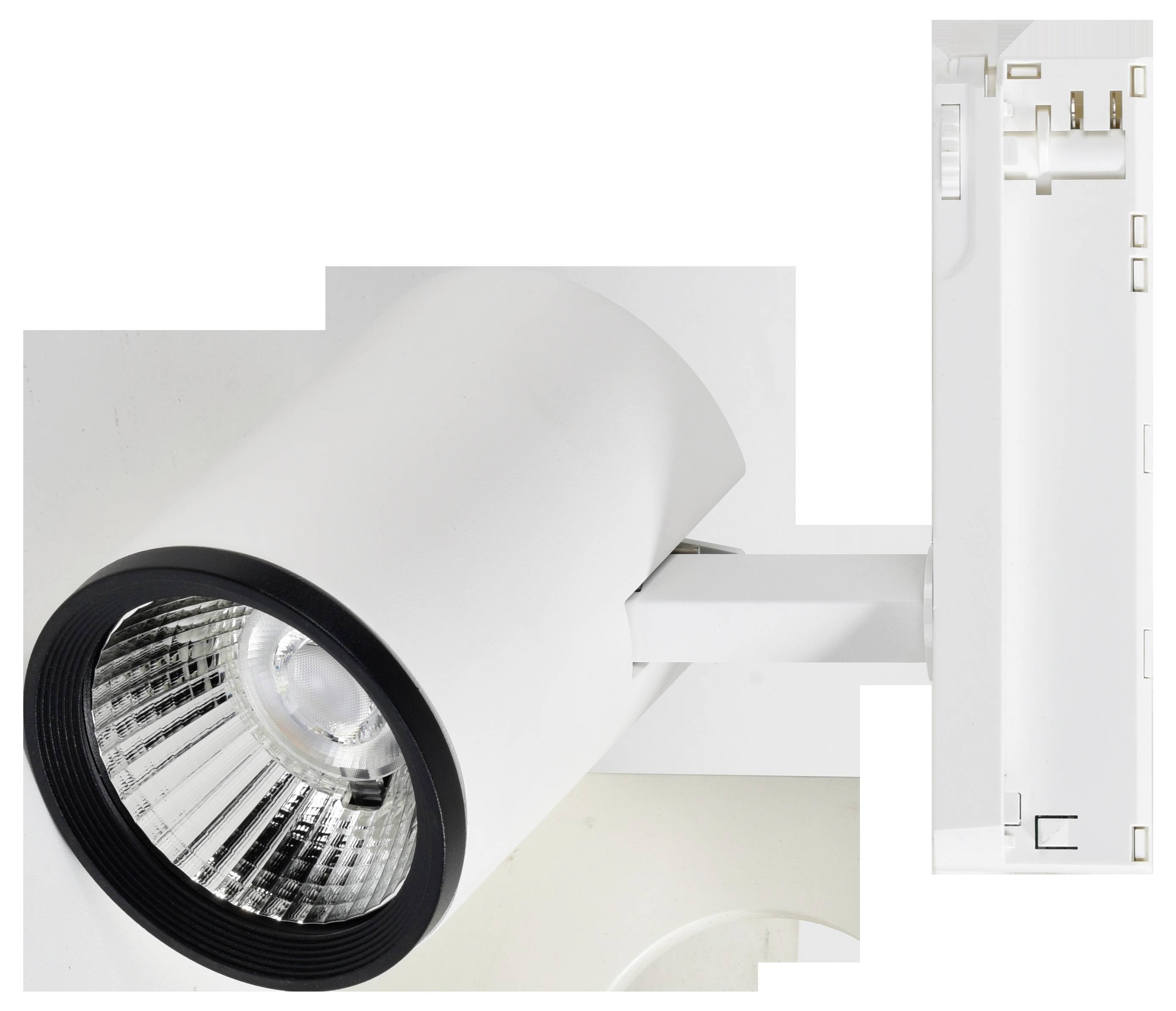 Ein weißes LED-Schienenlicht mit zylindrischem Design und reflektierendem Inneren, montiert auf einer Schiene, geeignet zum Spotlighting.
