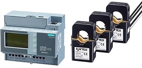 Ein Elektrozählgerät mit Display und drei angeschlossenen Stromwandlern. Wird zur Überwachung und Messung des Stromverbrauchs verwendet.