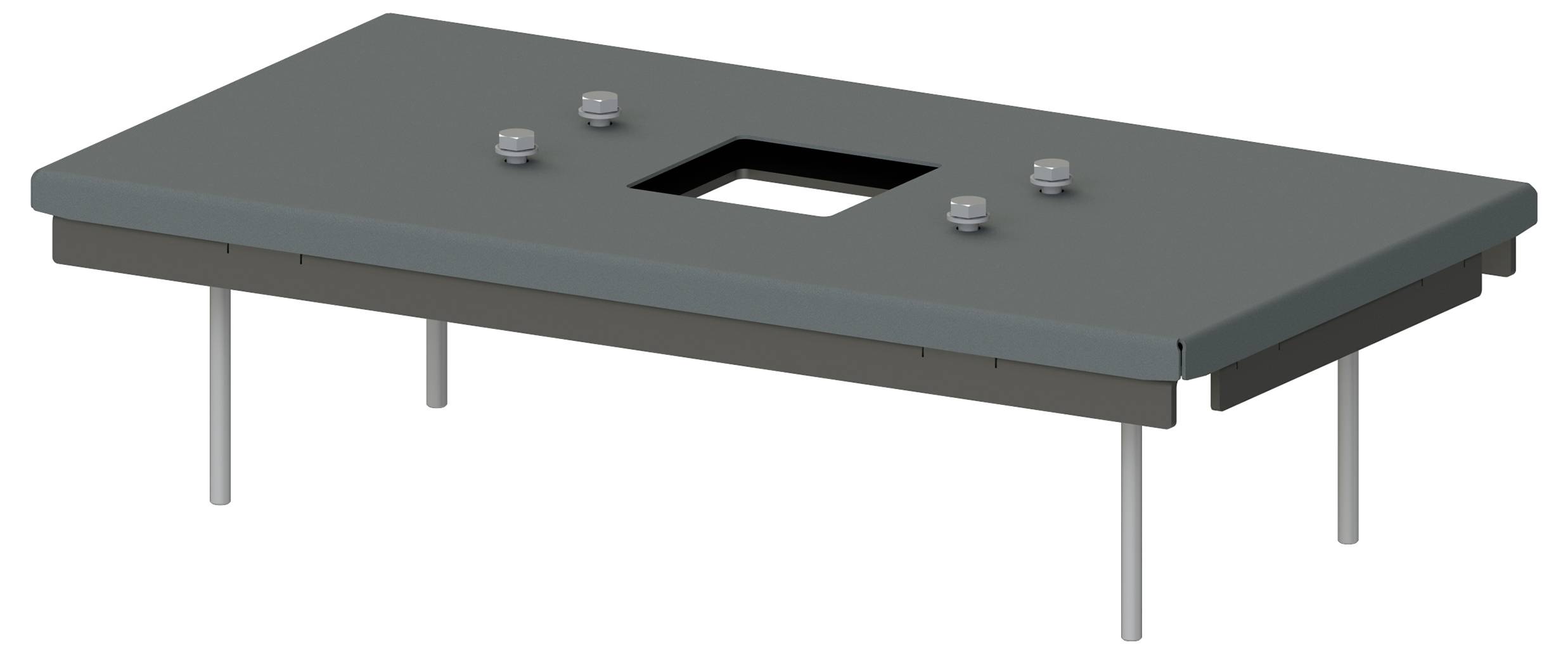 Eine rechteckige Metallplattform mit vier Bolzen und einer zentralen quadratischen Öffnung, gestützt durch sechs gleichmäßig verteilte vertikale Stangen.