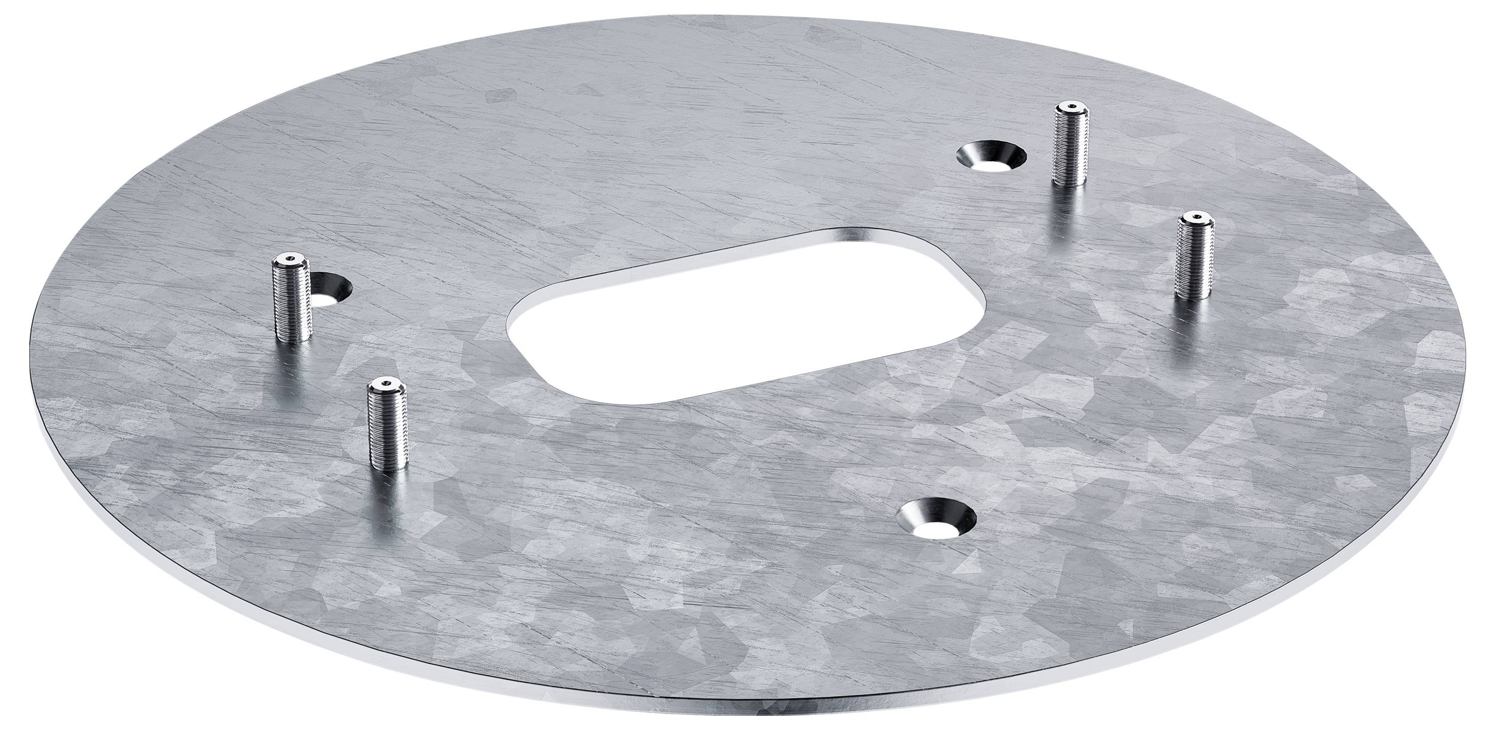 Eine runde, flache Metallplatte mit einer ovalen Aussparung in der Mitte und vier vorstehenden zylindrischen Stiften, die zum Montieren oder Ausrichten verwendet wird.