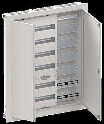 Ein offenes elektrisches Verteilerpanel mit mehreren Steckplätzen für Schutzschalter und Doppeltüren, das ein leeres Inneres zeigt und sich zur Installation eignet.