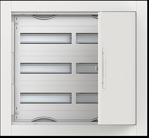 Ein Metallrollladenschrank mit teilweise geöffneter Tür, die Innenausstattung und horizontale Schlitze zeigt.