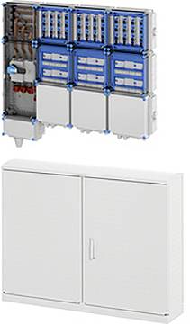 Elektrischer Schaltschrank mit blauen und weißen Steuergeräten, Verdrahtung und Kondensatoren, über einem geschlossenen weißen Metallschrank für Außeninstallationen.