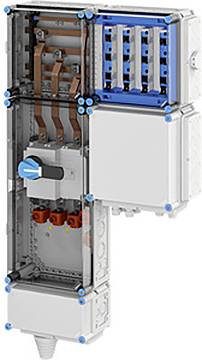 Bild einer elektrischen Schalttafel mit kupfernen Sammelschienen, mehreren Leistungsschaltern und einem blauen Drehschalter auf weißem Hintergrund.