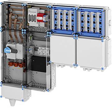 Elektrischer Schaltschrank mit transparenter Abdeckung, die Leistungsschalter, Sammelschienen und Kontrollschalter zeigt. Blaue Akzente heben Verbindungen hervor.