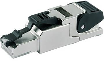 Metallischer RJ45-Netzwerkstecker mit schwarzen Kunststoffclips, konzipiert für Ethernet-Kabel.