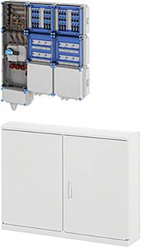 Ein offener Elektroschrank mit blauen Modulkomponenten und Verdrahtung, über einem geschlossenen Schrank.