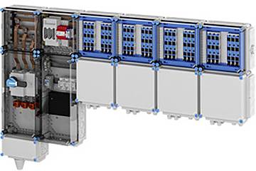 Ein elektronisches modulares Panelsystem, das verschiedene Komponenten in einem Gitter-Layout zeigt und Konnektivität und Konfiguration veranschaulicht.