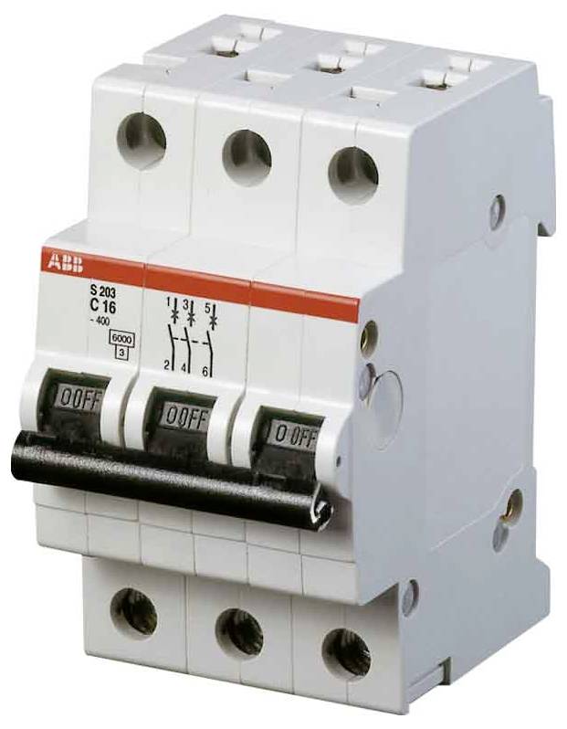 Ein dreipoliger Leitungsschutzschalter mit der Bezeichnung „ABB S203 C16