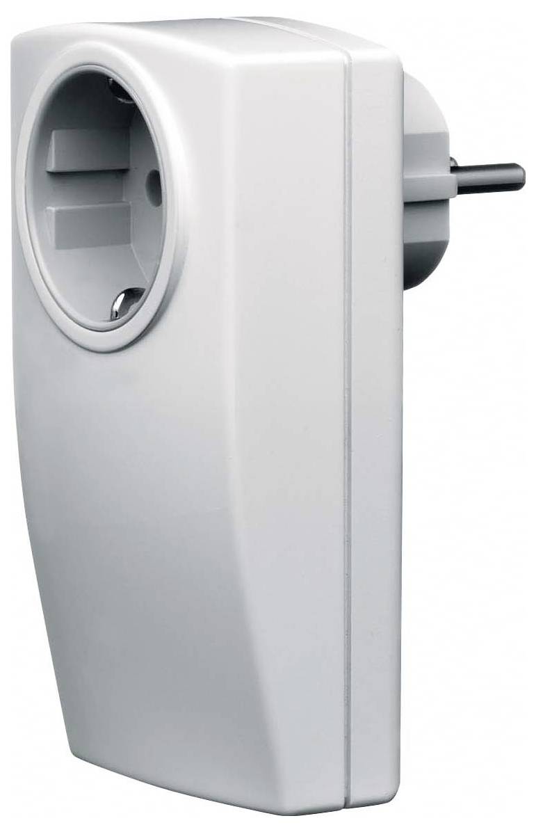 Ein weißer, seitlicher Blick auf einen intelligenten Steckdosenadapter mit einer Steckdose auf der Vorderseite und einem einzelnen Steckerstift auf der Rückseite, entwickelt für Wandsteckdosen.