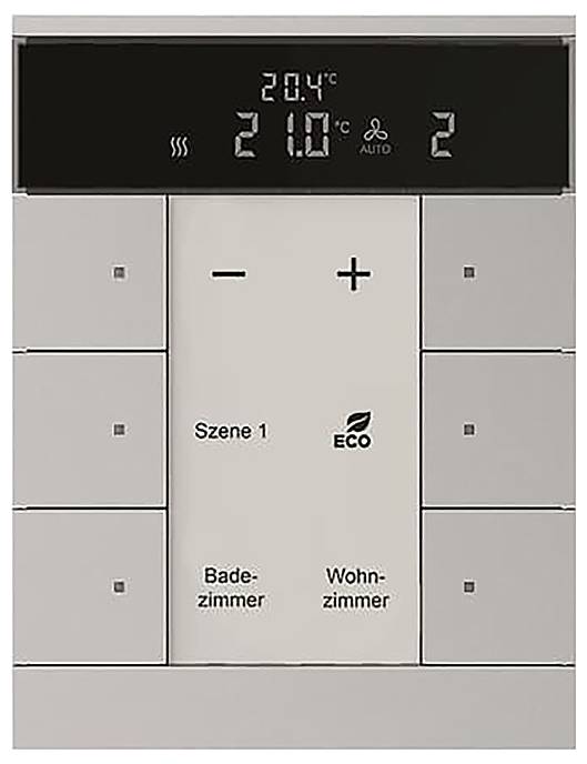 Thermostat-Bedienfeld mit Temperaturanzeige '20,4°C', eingestellt auf '21,0°C'. Funktionen beinhalten 'Eco'-Modus, 'Szenario 1', 'Badezimmer', 'Wohnzimmer'.