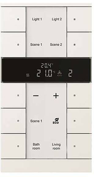 Ein digitales Thermostat mit Schaltflächen für „Licht 1