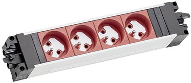 Eine horizontale Steckerleiste mit vier roten europäischen Steckdosen, in einem schwarz-weißen rechteckigen Gehäuse.