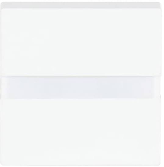 Ein weißes quadratisches Objekt mit einem zentralen horizontalen durchscheinenden Streifen vor einem einfachen weißen Hintergrund.