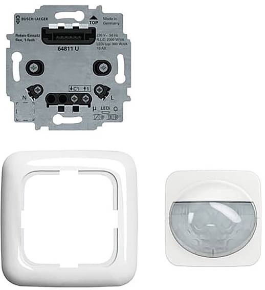 Ein Bewegungssensor-Lichtschalter-Set, bestehend aus einer Montageplatte, einer weißen Blende und einer Sensoreinheit mit einer sichtbaren runden Linse.