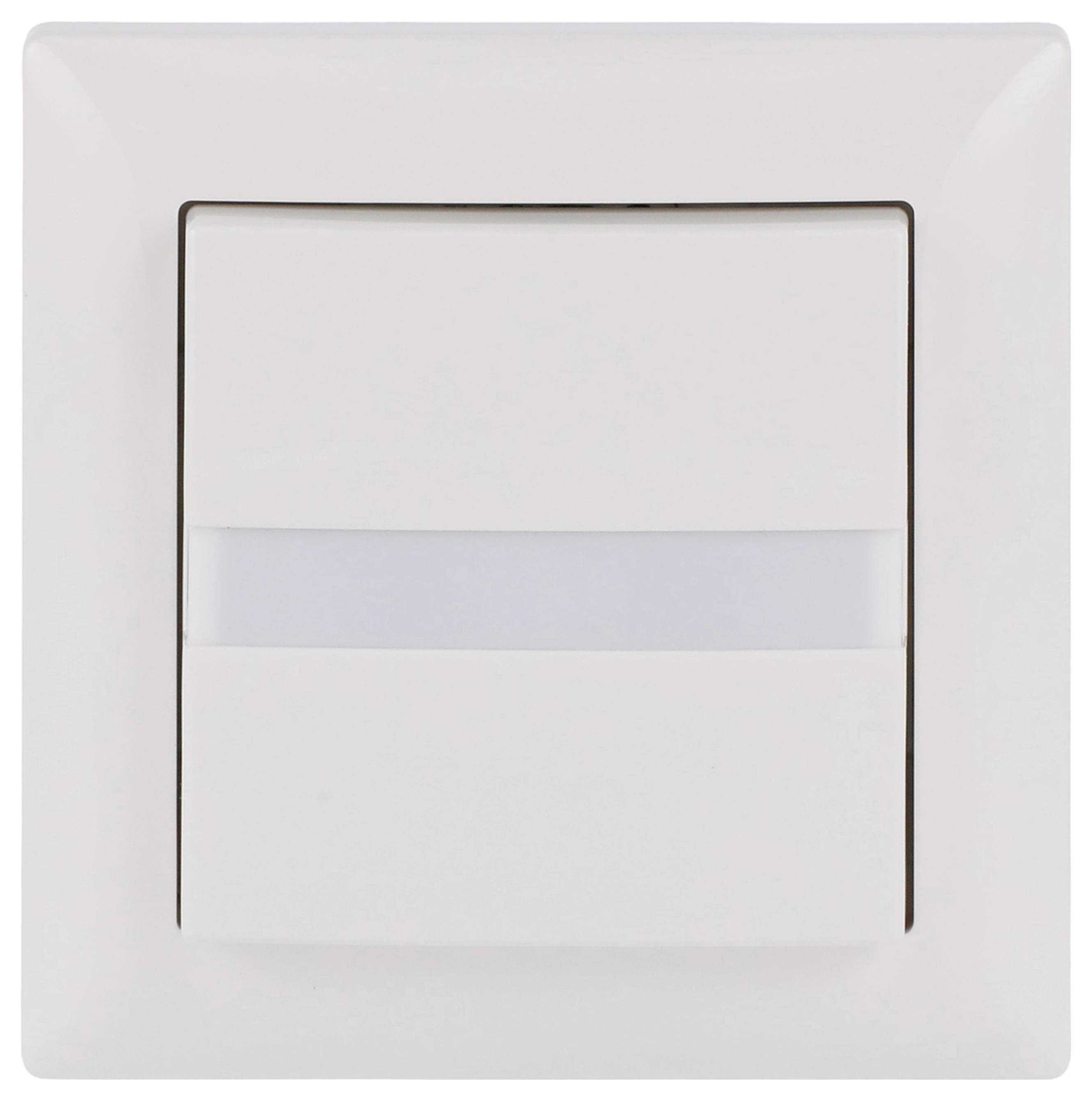 Ein weißer Wandlichtschalter mit minimalistischem Design und einem horizontalen durchscheinenden Streifen.