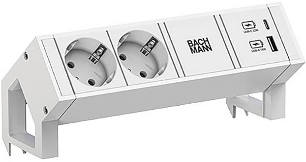 Eine weiße doppelte Steckdose mit USB-Anschlüssen, mit der Bezeichnung „Bachmann