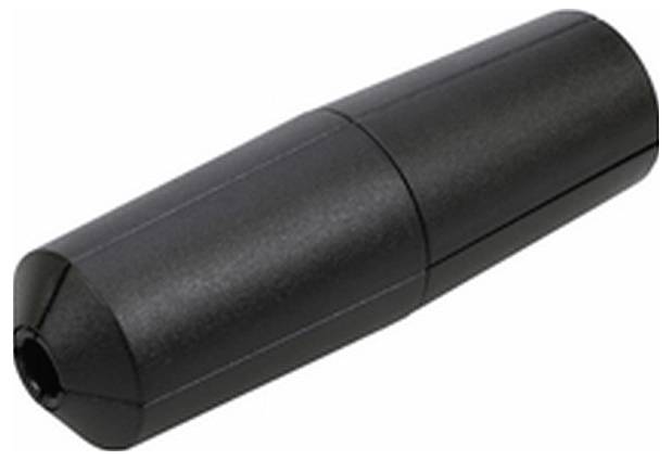 Ein schwarzer Kunststoff-Leitungsverbinder mit zylindrischer Form, typischerweise in Elektro- oder Wassersystemen verwendet, dargestellt auf weißem Hintergrund.