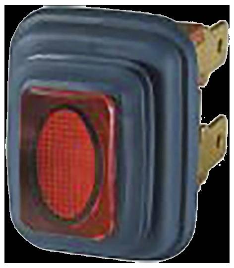 Ein roter, rechteckiger Stromschalter mit goldenen Metallstiften, eingebaut in einem schwarzen, gerillten Kunststoffgehäuse.