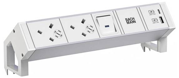 Eine weiße Steckerleiste mit zwei australischen Steckdosen, einem Schalter und zwei USB-Anschlüssen, wobei einer USB-C ist, für die Verwendung auf dem Schreibtisch konzipiert.