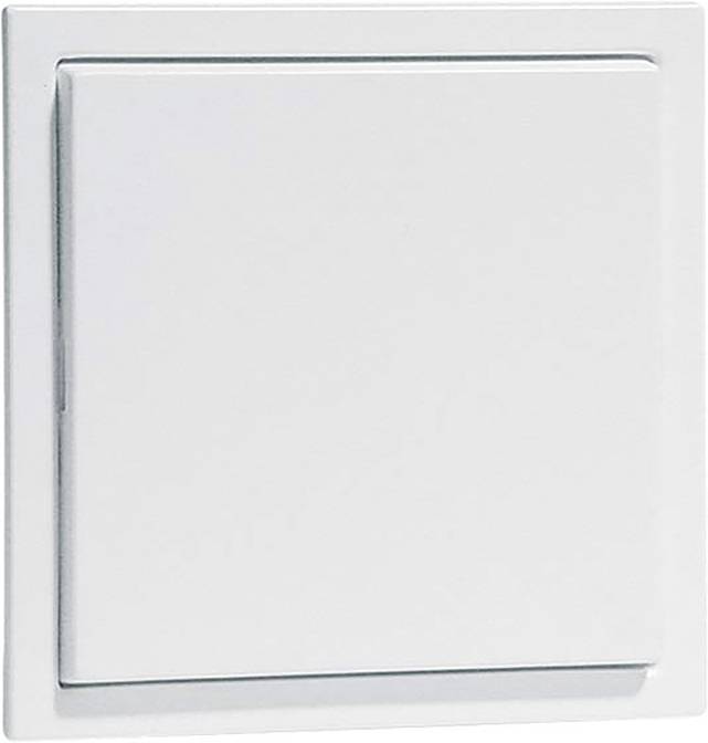 Ein weißer, quadratischer Lichtschalter auf einer glatten Wand.