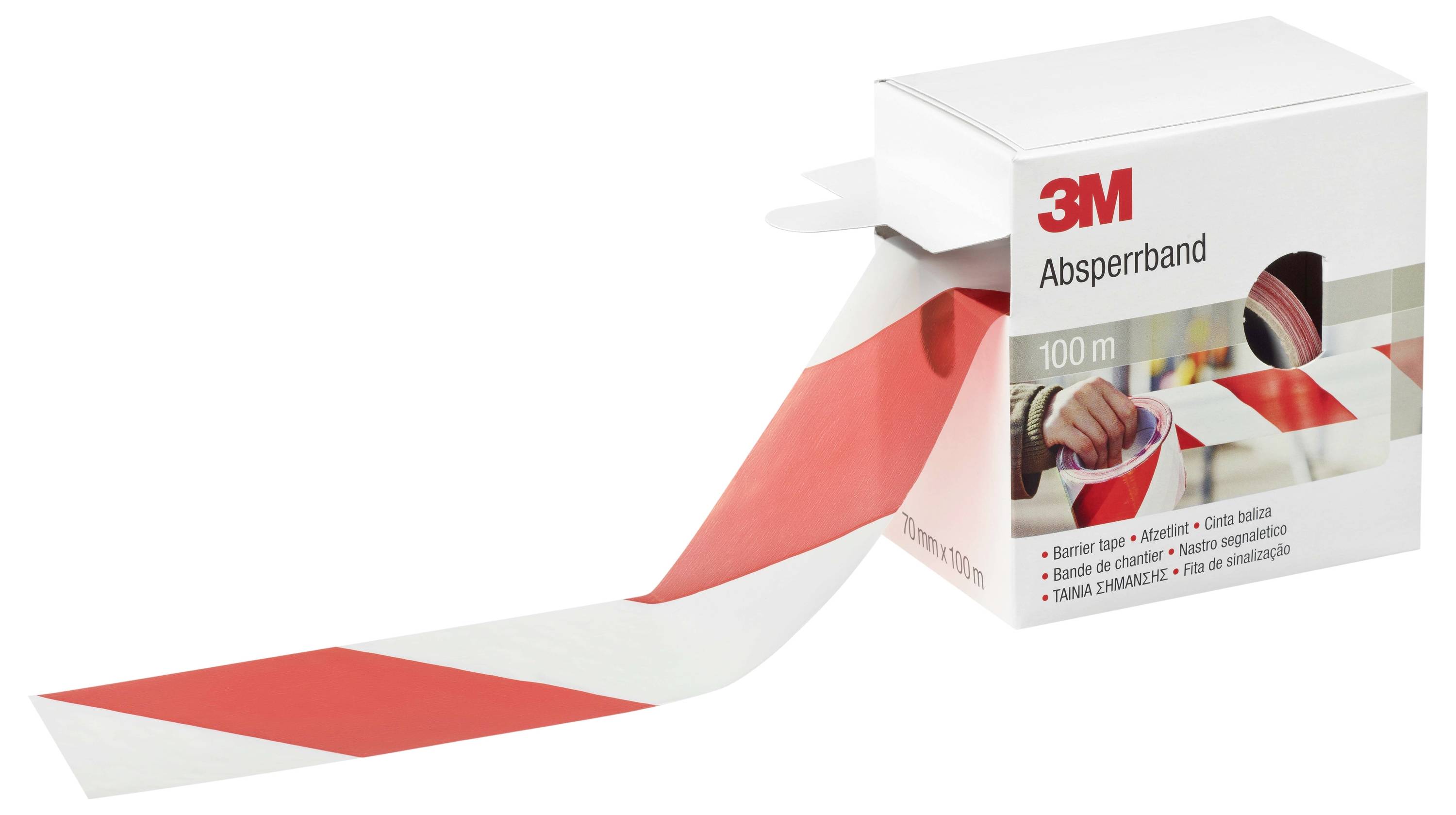 Eine Schachtel 3M rot-weiß gestreiftes Absperrband mit einem teilweise abgerollten Segment, das zur Kennzeichnung von Bereichen verwendet wird.
