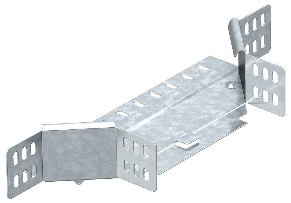 Rechteckige Metallhalterung mit mehreren Schlitzen und zwei flügelartigen, durchlöcherten Verlängerungen auf jeder Seite, wird zur Unterstützung oder Montage verwendet.
