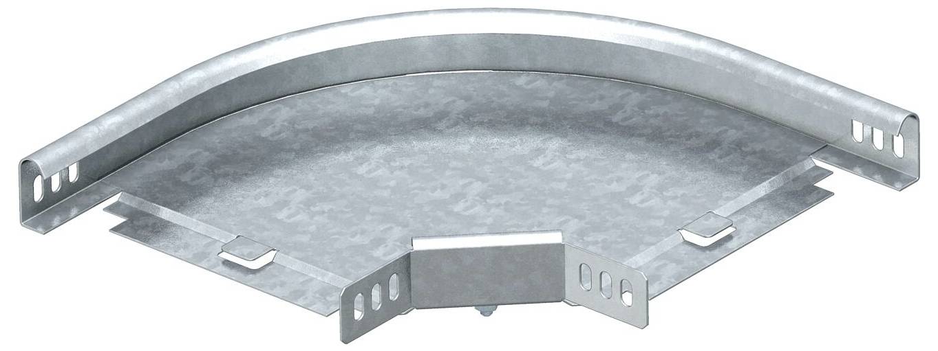 Eine Metallkabelrinne-Biegungskomponente mit gekrümmter Form, ausgestattet mit Schlitzen für Verbindungen. Geeignet für die effiziente Organisation von Elektrokabeln.