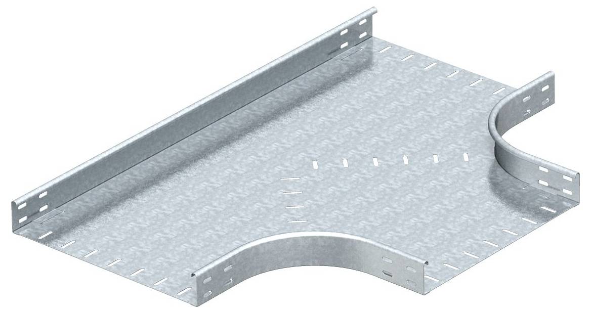 Ein Metallkabelkanal mit flacher Basis und erhöhten Seitenwänden, mit einer einzelnen geschwungenen Biegung zur Leitungsführung in verschiedene Richtungen.