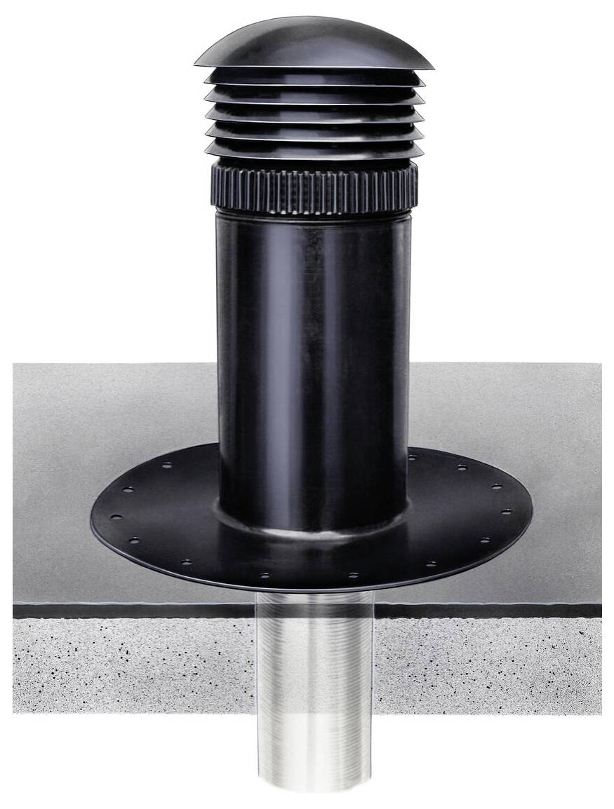 Ein schwarzer zylindrischer Dachentlüfter mit einer kuppelförmigen Oberseite ist auf einer ebenen Fläche montiert und zeigt seine Struktur über und unter der Dachkante.