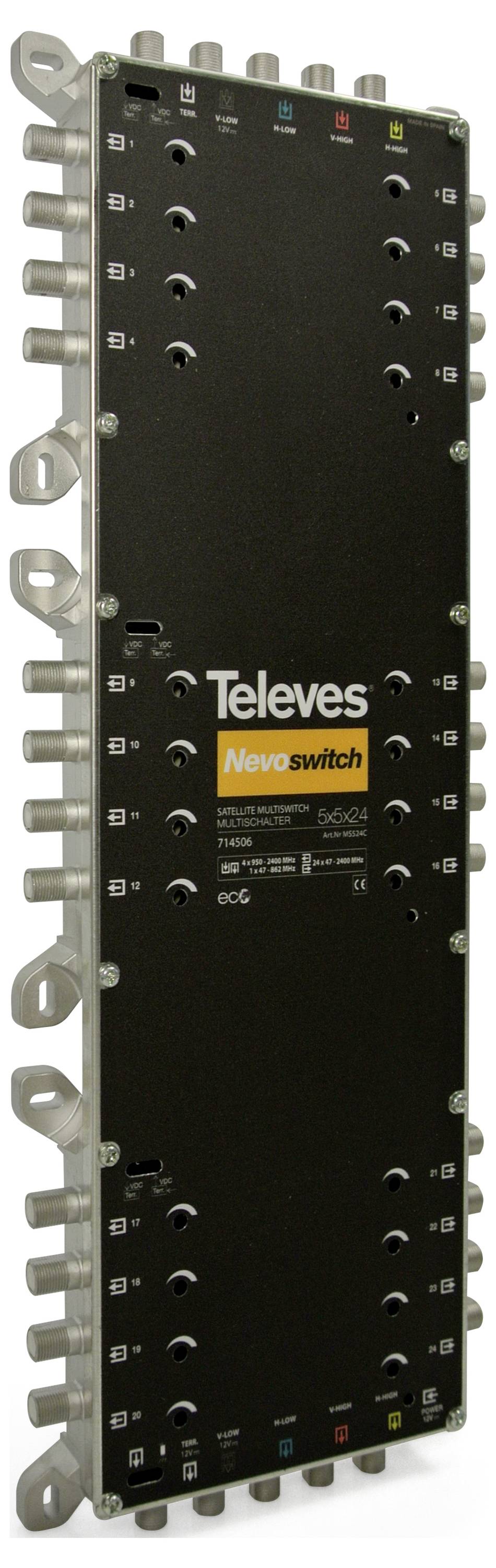 Ein Multischalter-Gerät mit mehreren Anschlüssen und Schaltern, das zur Verteilung von Satellitensignalen auf verschiedene Ausgänge verwendet wird. Modell: Televes Nevoswitch.