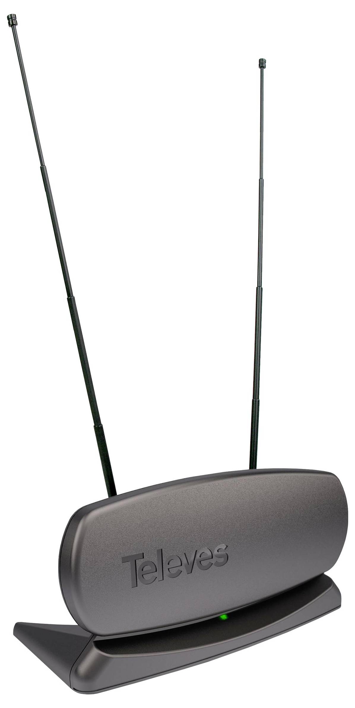 Antenne mit zwei ausziehbaren Stäben, gekennzeichnet mit Televes, konzipiert für den Fernsehsignalempfang, auf einer kleinen Basis mit grüner Anzeigeleuchte.