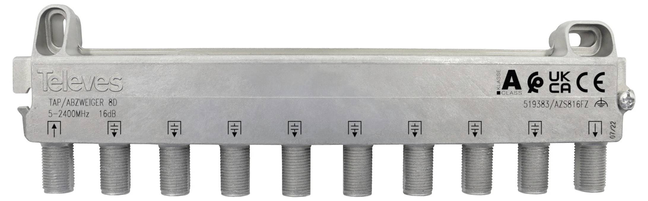 Ein silberner Verteiler/Splitter mit mehreren Ausgangsanschlüssen mit der Bezeichnung 