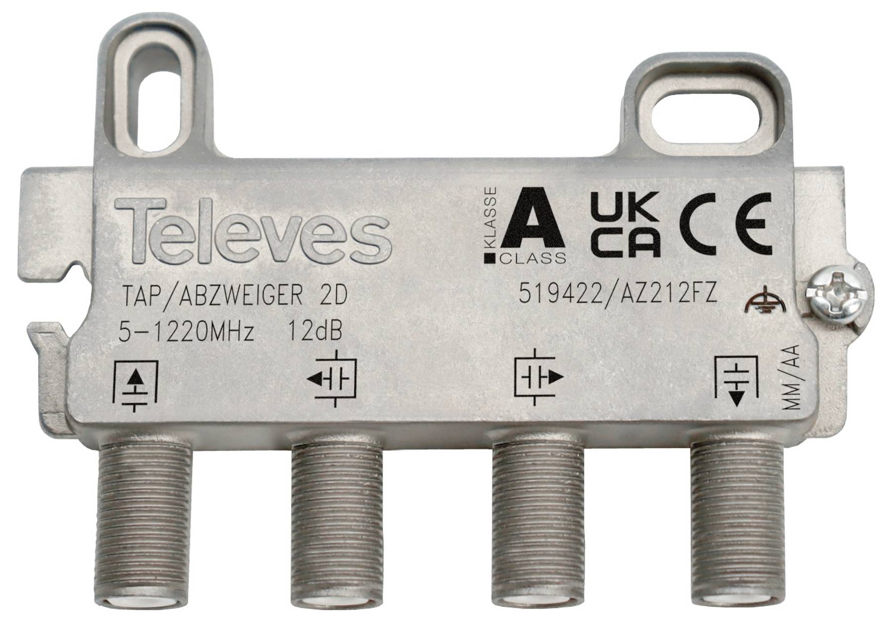 Metallischer koaxialer Kabelteiler mit vier Ausgängen, gekennzeichnet mit „Televes