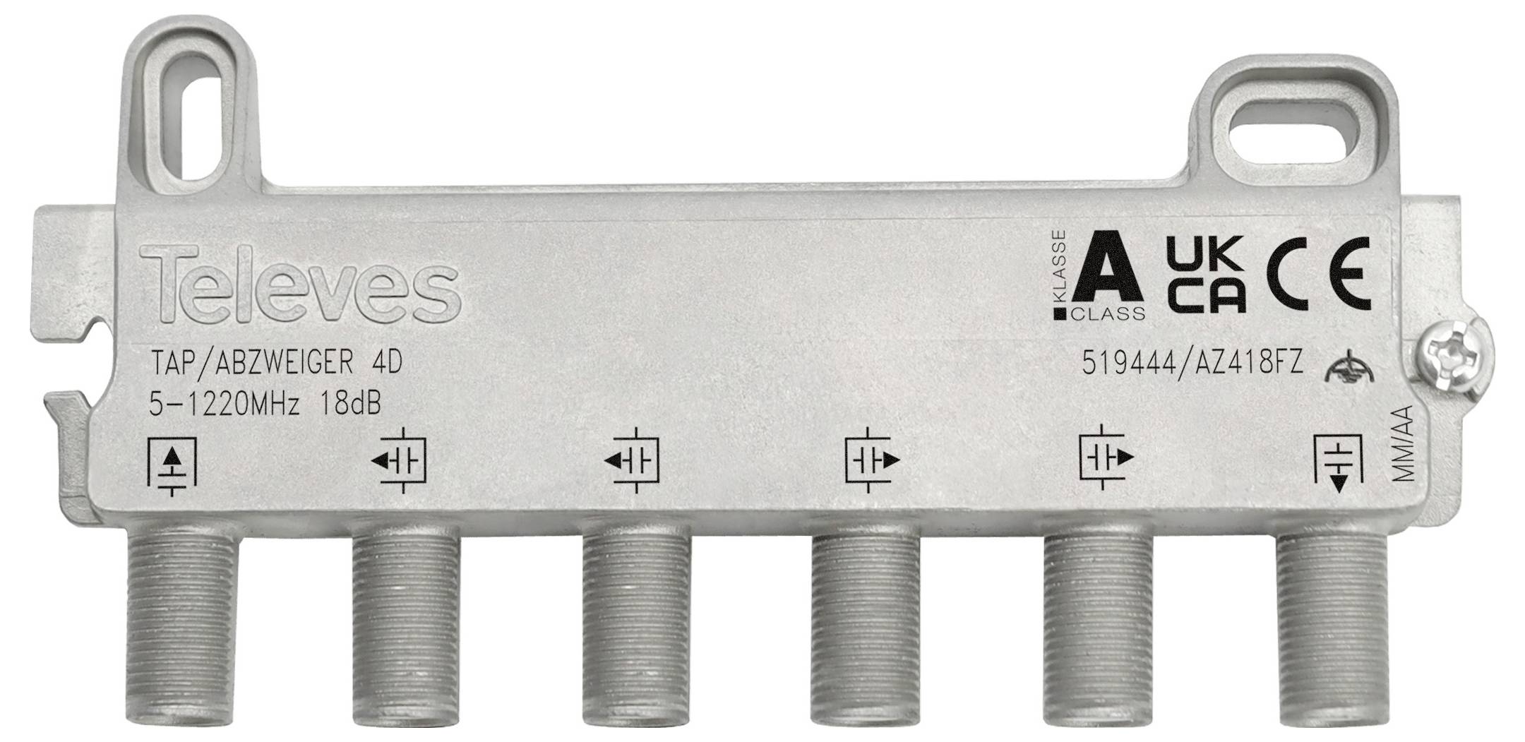Ein weißes, berührungsempfindliches Schalttafelpanel mit zwei blauen Tasten und einem 