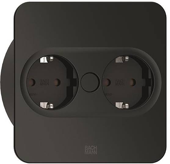 Doppelsteckdose in einer schwarzen quadratischen Wandplatte, mit dem Markennamen schwach sichtbar am unteren Ende.