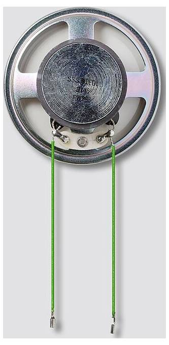 Rundes Metallsprechergehäuse mit zwei angebrachten grünen Drähten vor grauem Hintergrund.