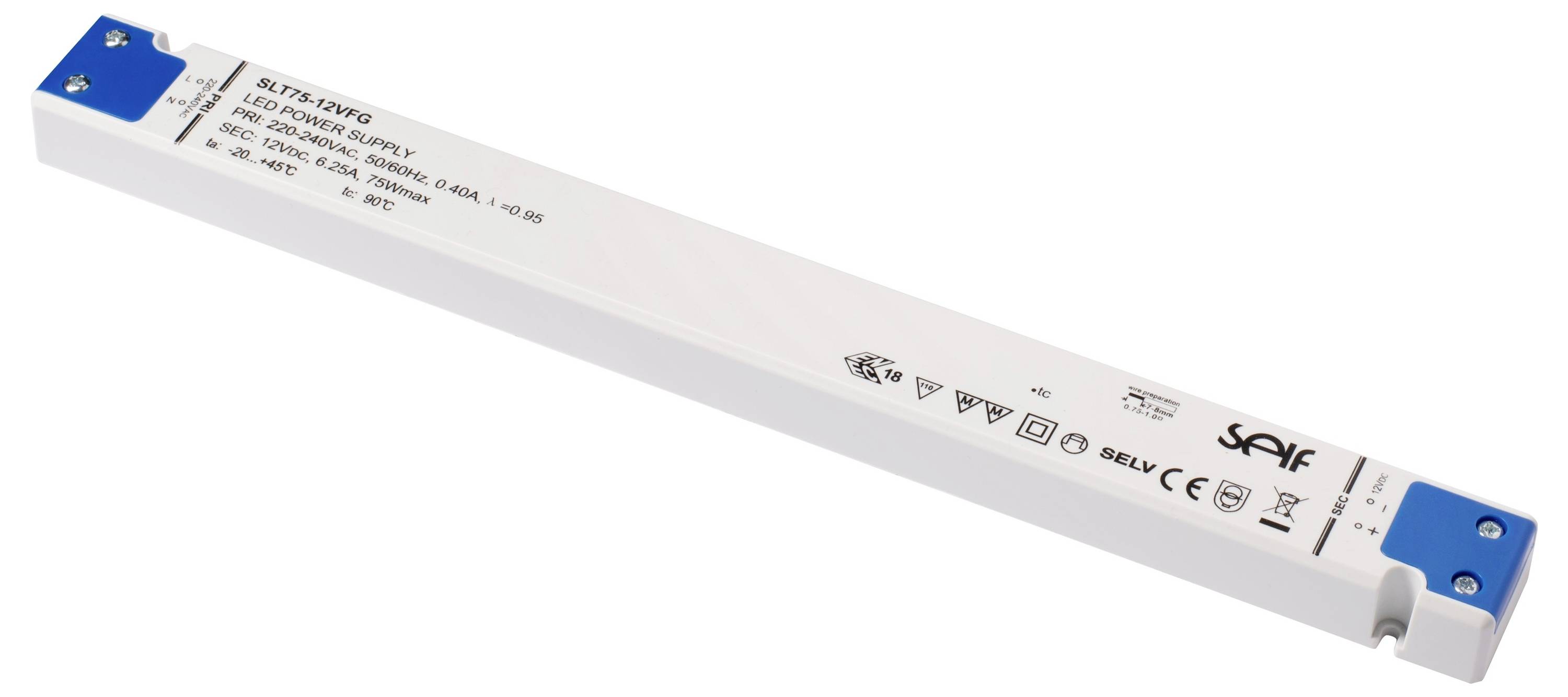 Ein schmales, rechteckiges LED-Netzteil mit Modelletikett und Sicherheitssymbolen, das zur Stromversorgung von LED-Leuchten konzipiert ist.