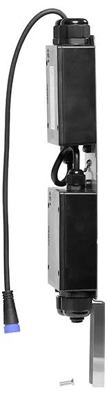 Schienenstrahler mit einem zylindrischen, schwarzen Scheinwerfer, der an einer horizontalen Schiene befestigt ist. Der Scheinwerfer ist nach unten gerichtet.